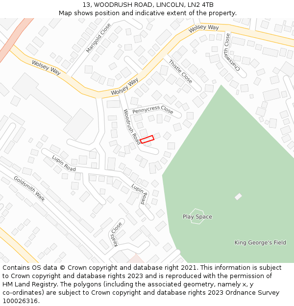 13, WOODRUSH ROAD, LINCOLN, LN2 4TB: Location map and indicative extent of plot