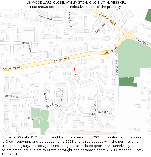 13, WOODWARD CLOSE, WATLINGTON, KING'S LYNN, PE33 0FL: Location map and indicative extent of plot