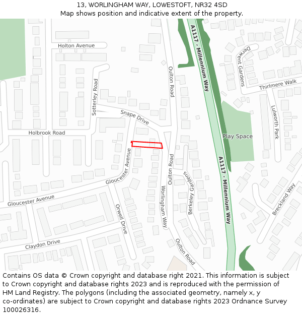 13, WORLINGHAM WAY, LOWESTOFT, NR32 4SD: Location map and indicative extent of plot