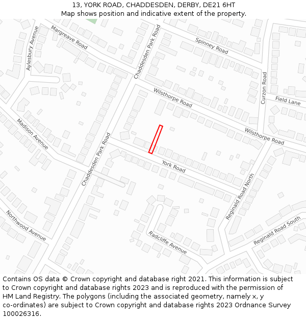 13, YORK ROAD, CHADDESDEN, DERBY, DE21 6HT: Location map and indicative extent of plot