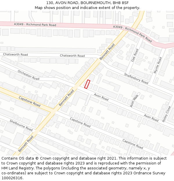 130, AVON ROAD, BOURNEMOUTH, BH8 8SF: Location map and indicative extent of plot