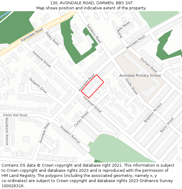 130, AVONDALE ROAD, DARWEN, BB3 1NT: Location map and indicative extent of plot