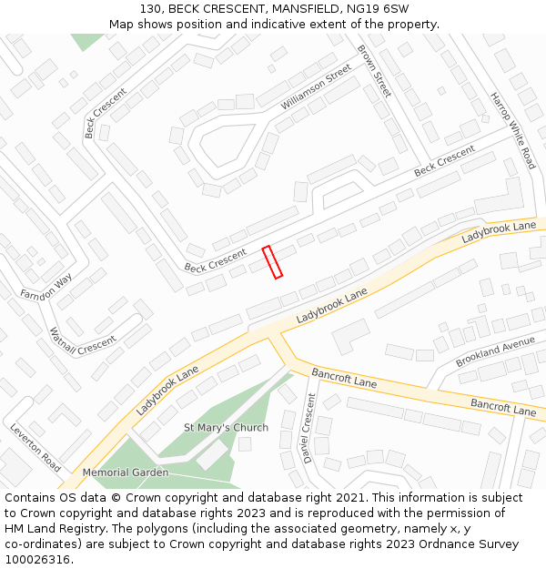 130, BECK CRESCENT, MANSFIELD, NG19 6SW: Location map and indicative extent of plot
