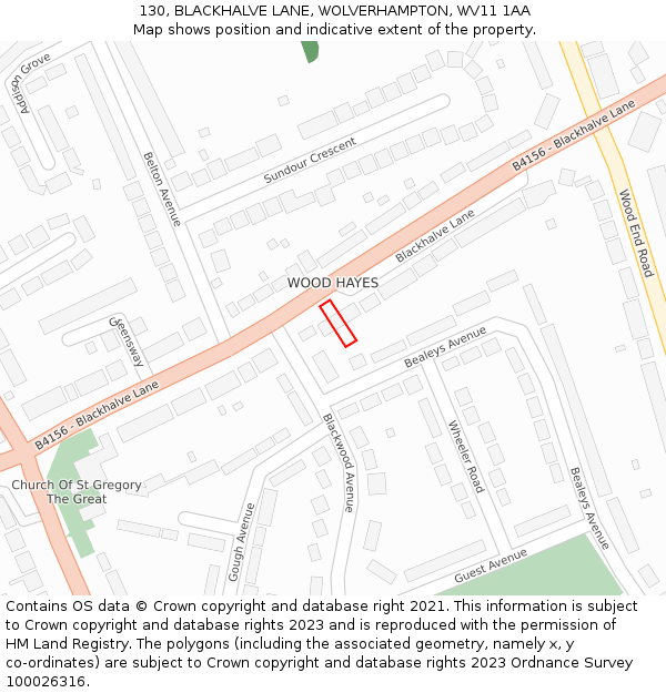 130, BLACKHALVE LANE, WOLVERHAMPTON, WV11 1AA: Location map and indicative extent of plot