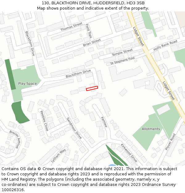130, BLACKTHORN DRIVE, HUDDERSFIELD, HD3 3SB: Location map and indicative extent of plot