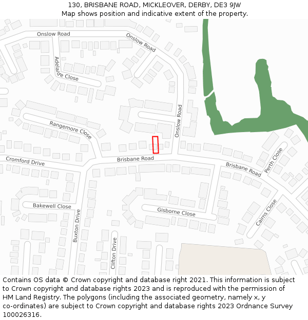 130, BRISBANE ROAD, MICKLEOVER, DERBY, DE3 9JW: Location map and indicative extent of plot