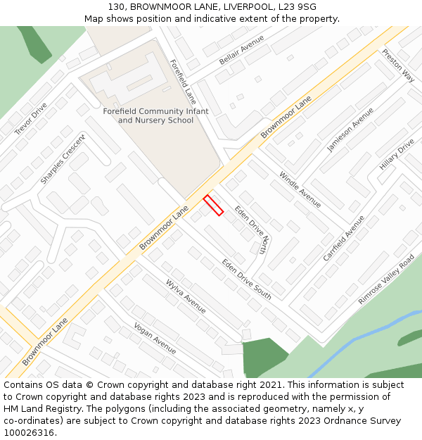 130, BROWNMOOR LANE, LIVERPOOL, L23 9SG: Location map and indicative extent of plot