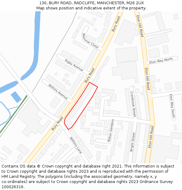 130, BURY ROAD, RADCLIFFE, MANCHESTER, M26 2UX: Location map and indicative extent of plot