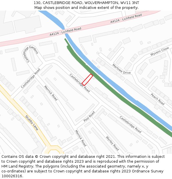 130, CASTLEBRIDGE ROAD, WOLVERHAMPTON, WV11 3NT: Location map and indicative extent of plot