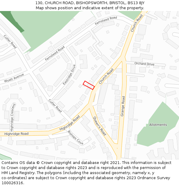 130, CHURCH ROAD, BISHOPSWORTH, BRISTOL, BS13 8JY: Location map and indicative extent of plot