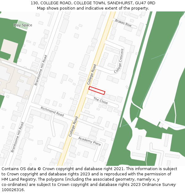 130, COLLEGE ROAD, COLLEGE TOWN, SANDHURST, GU47 0RD: Location map and indicative extent of plot