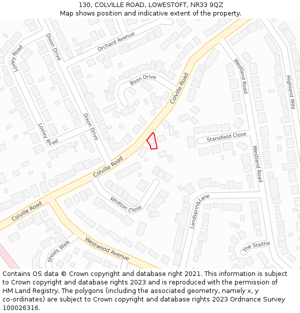 130, COLVILLE ROAD, LOWESTOFT, NR33 9QZ: Location map and indicative extent of plot