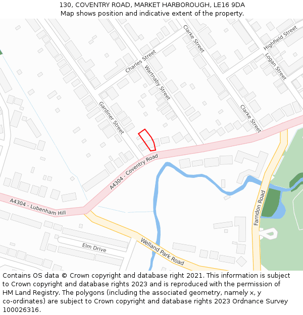 130, COVENTRY ROAD, MARKET HARBOROUGH, LE16 9DA: Location map and indicative extent of plot