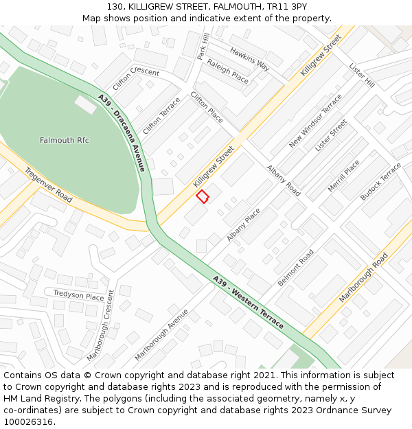 130, KILLIGREW STREET, FALMOUTH, TR11 3PY: Location map and indicative extent of plot