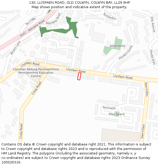 130, LLYSFAEN ROAD, OLD COLWYN, COLWYN BAY, LL29 9HP: Location map and indicative extent of plot