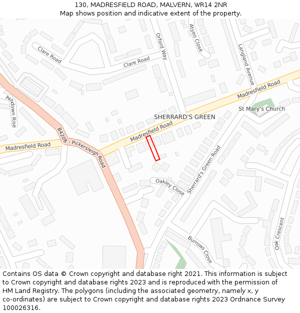 130, MADRESFIELD ROAD, MALVERN, WR14 2NR: Location map and indicative extent of plot