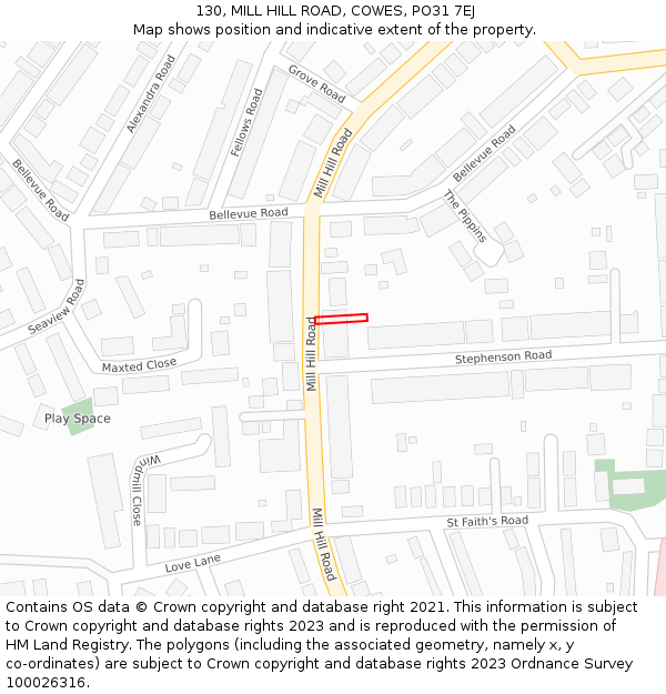 130, MILL HILL ROAD, COWES, PO31 7EJ: Location map and indicative extent of plot