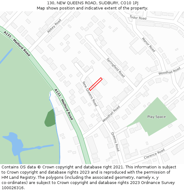 130, NEW QUEENS ROAD, SUDBURY, CO10 1PJ: Location map and indicative extent of plot