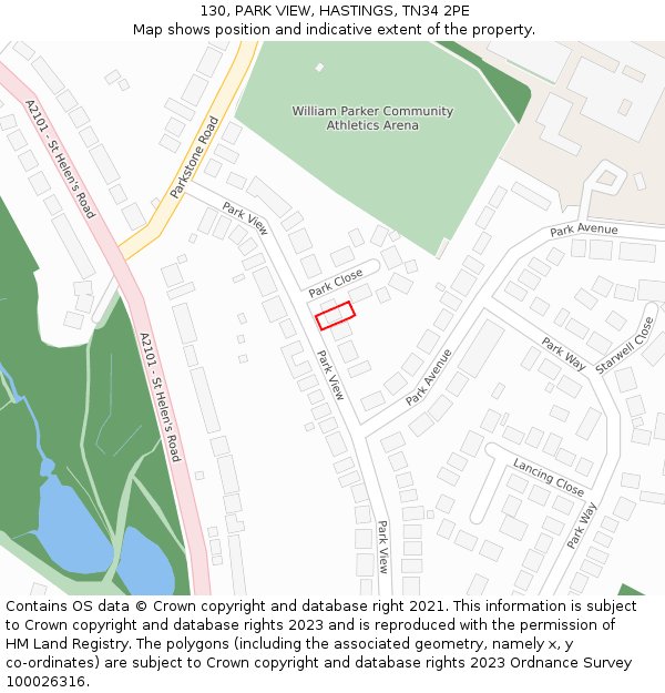 130, PARK VIEW, HASTINGS, TN34 2PE: Location map and indicative extent of plot