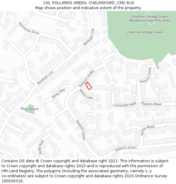 130, POLLARDS GREEN, CHELMSFORD, CM2 6UX: Location map and indicative extent of plot