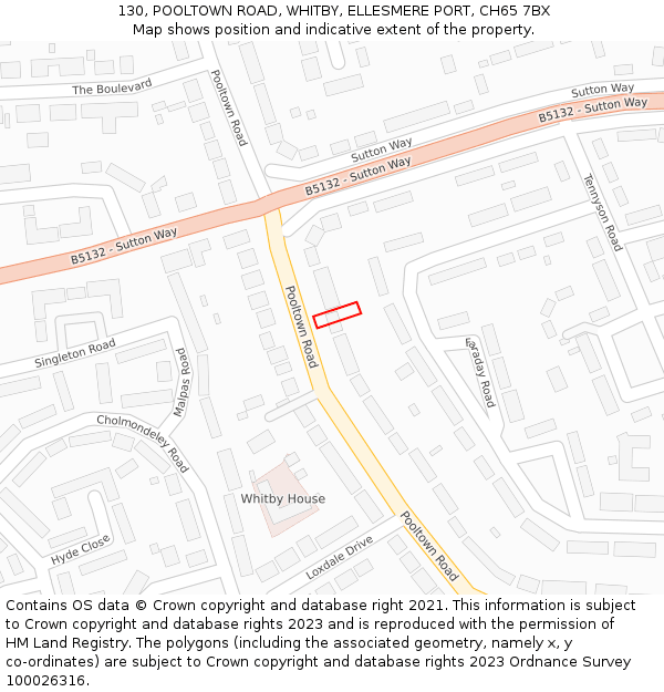 130, POOLTOWN ROAD, WHITBY, ELLESMERE PORT, CH65 7BX: Location map and indicative extent of plot