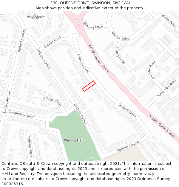 130, QUEENS DRIVE, SWINDON, SN3 1AN: Location map and indicative extent of plot