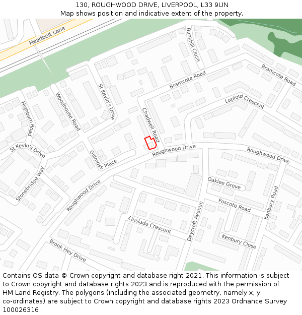 130, ROUGHWOOD DRIVE, LIVERPOOL, L33 9UN: Location map and indicative extent of plot