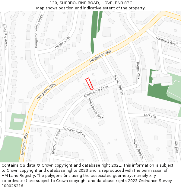 130, SHERBOURNE ROAD, HOVE, BN3 8BG: Location map and indicative extent of plot