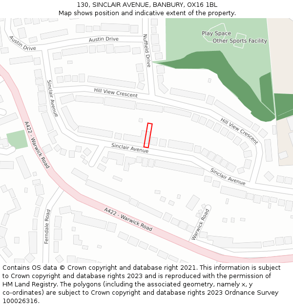 130, SINCLAIR AVENUE, BANBURY, OX16 1BL: Location map and indicative extent of plot