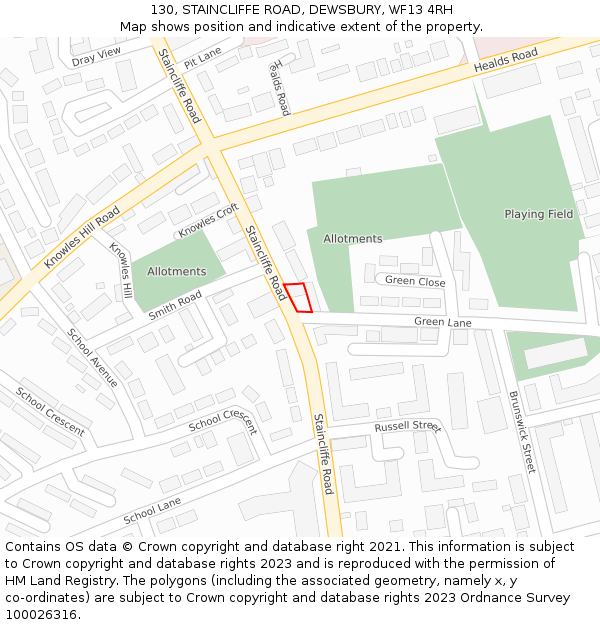 130, STAINCLIFFE ROAD, DEWSBURY, WF13 4RH: Location map and indicative extent of plot