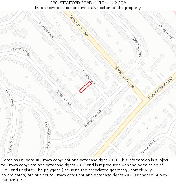 130, STANFORD ROAD, LUTON, LU2 0QA: Location map and indicative extent of plot