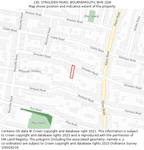 130, STROUDEN ROAD, BOURNEMOUTH, BH9 1QW: Location map and indicative extent of plot