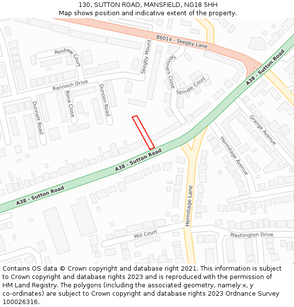 130, SUTTON ROAD, MANSFIELD, NG18 5HH: Location map and indicative extent of plot