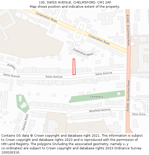 130, SWISS AVENUE, CHELMSFORD, CM1 2AF: Location map and indicative extent of plot