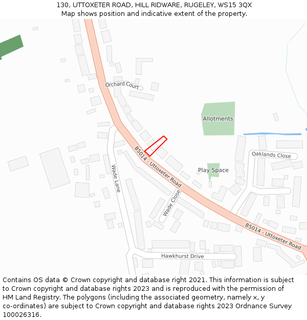 130, UTTOXETER ROAD, HILL RIDWARE, RUGELEY, WS15 3QX: Location map and indicative extent of plot