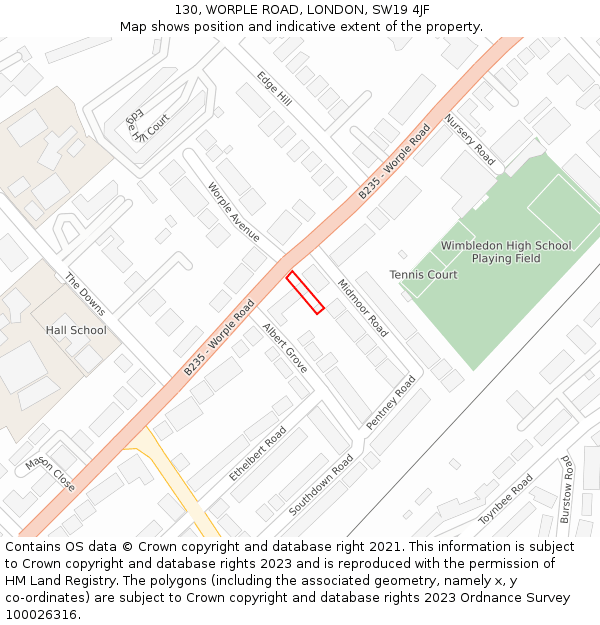 130, WORPLE ROAD, LONDON, SW19 4JF: Location map and indicative extent of plot