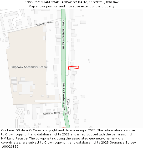 1305, EVESHAM ROAD, ASTWOOD BANK, REDDITCH, B96 6AY: Location map and indicative extent of plot