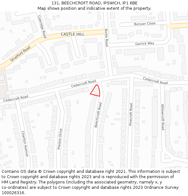 131, BEECHCROFT ROAD, IPSWICH, IP1 6BE: Location map and indicative extent of plot