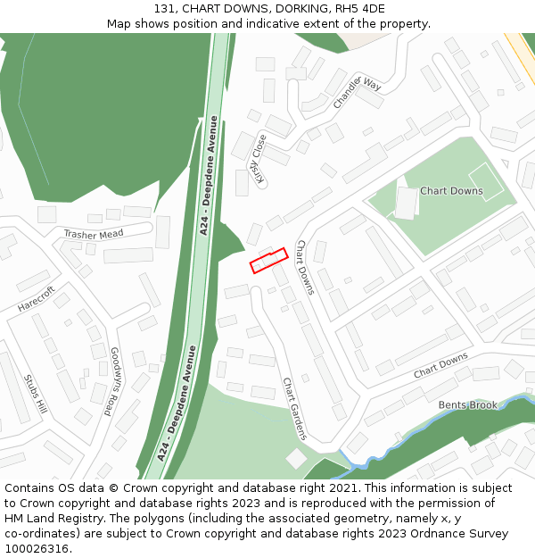 131, CHART DOWNS, DORKING, RH5 4DE: Location map and indicative extent of plot