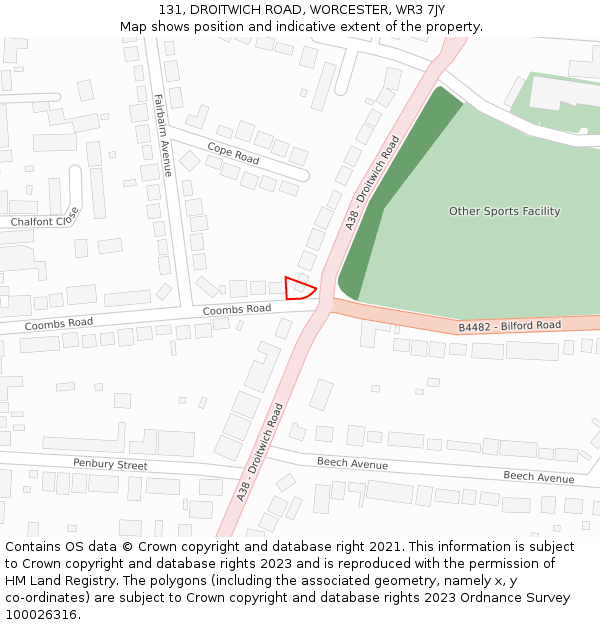 131, DROITWICH ROAD, WORCESTER, WR3 7JY: Location map and indicative extent of plot