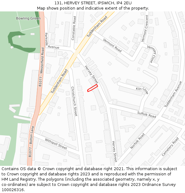 131, HERVEY STREET, IPSWICH, IP4 2EU: Location map and indicative extent of plot