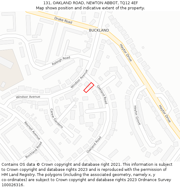 131, OAKLAND ROAD, NEWTON ABBOT, TQ12 4EF: Location map and indicative extent of plot