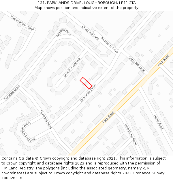131, PARKLANDS DRIVE, LOUGHBOROUGH, LE11 2TA: Location map and indicative extent of plot