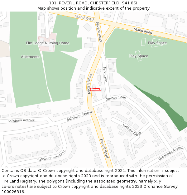 131, PEVERIL ROAD, CHESTERFIELD, S41 8SH: Location map and indicative extent of plot