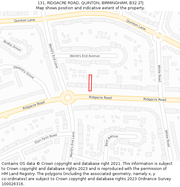 131, RIDGACRE ROAD, QUINTON, BIRMINGHAM, B32 2TJ: Location map and indicative extent of plot