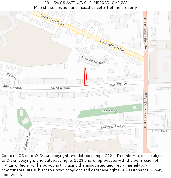 131, SWISS AVENUE, CHELMSFORD, CM1 2AF: Location map and indicative extent of plot