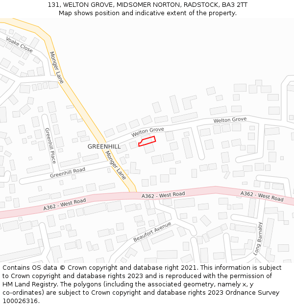 131, WELTON GROVE, MIDSOMER NORTON, RADSTOCK, BA3 2TT: Location map and indicative extent of plot
