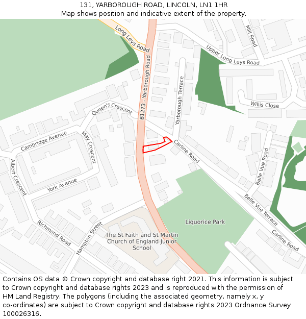 131, YARBOROUGH ROAD, LINCOLN, LN1 1HR: Location map and indicative extent of plot