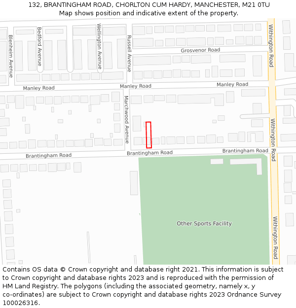 132, BRANTINGHAM ROAD, CHORLTON CUM HARDY, MANCHESTER, M21 0TU: Location map and indicative extent of plot