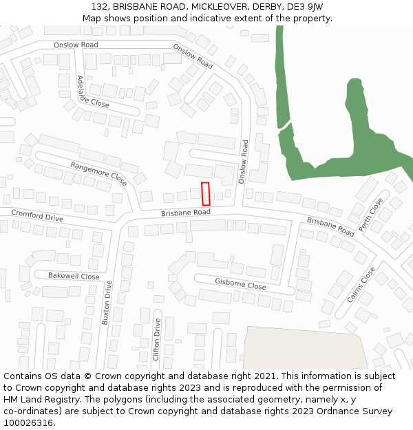 132, BRISBANE ROAD, MICKLEOVER, DERBY, DE3 9JW: Location map and indicative extent of plot